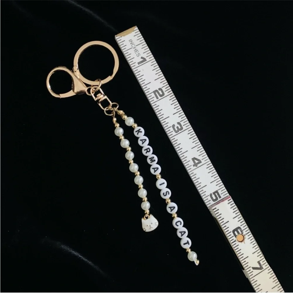 Karma Is A Cat Keychain Pearls And Gold Tone Beads Gold Tone Keyring White Cat